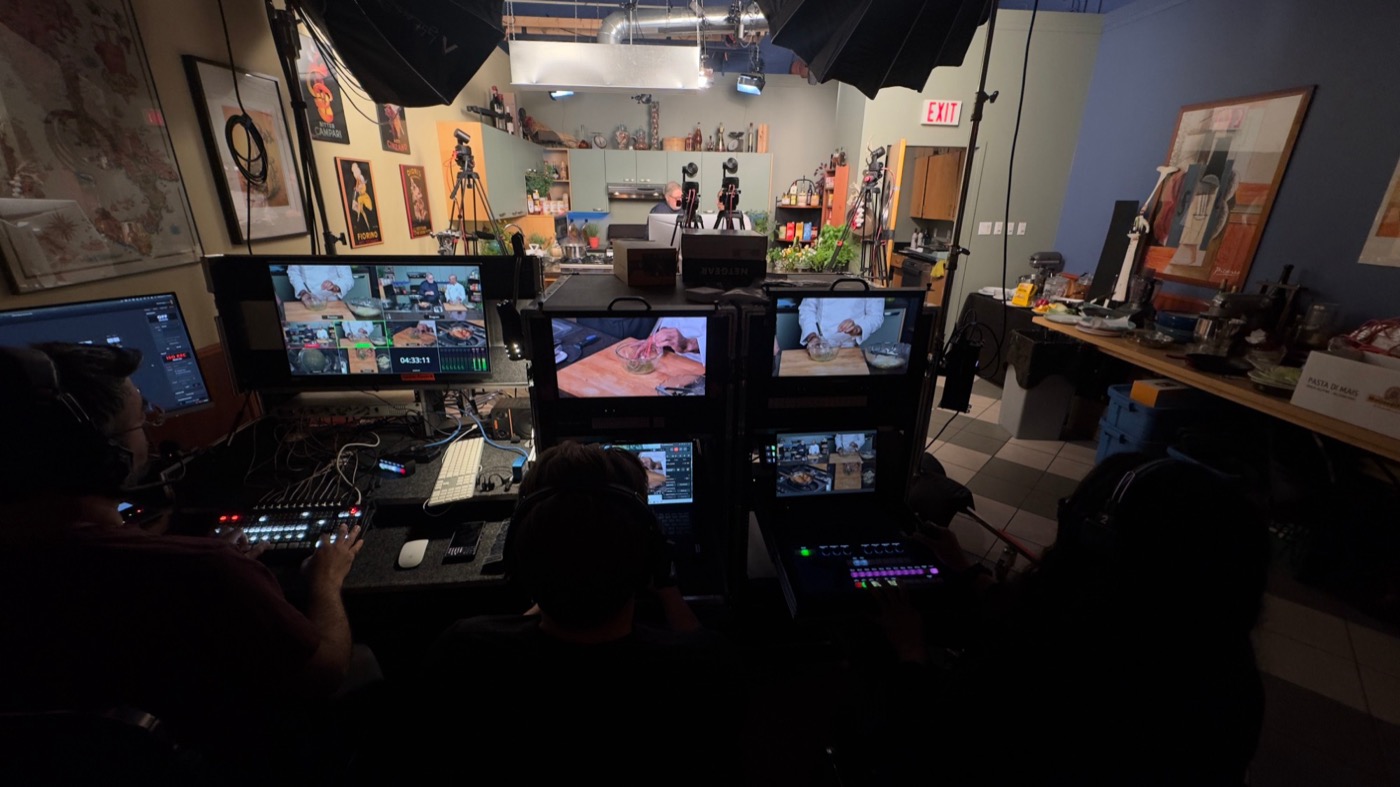 Multi-camera air pack control cart with ISO monitors, operating on location at a kitchen set