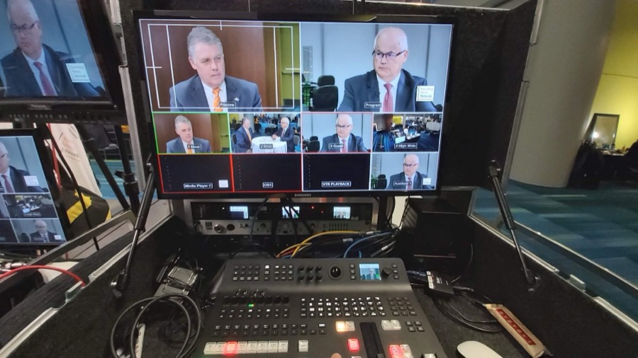 Multi-view monitor showing program, preview and ISO camera feeds on location