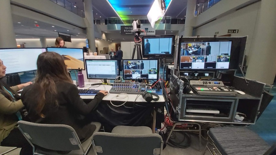 Mobile multicam control cart set up in a conference centre atrium